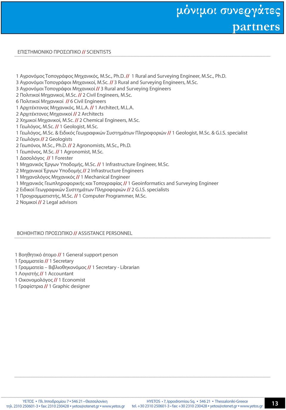 L.A. // 1 Architect, Μ.L.A. 2 Αρχιτέκτονες Μηχανικοί // 2 Architects 2 Χημικοί Μηχανικοί, M.Sc. // 2 Chemical Engineers, M.Sc. 1 Γεωλόγος, Μ.Sc. // 1 Geologist, M.Sc. 1 Γεωλόγος, Μ.Sc. & Ειδικός Γεωγραφικών Συστημάτων Πληροφοριών // 1 Geologist, Μ.