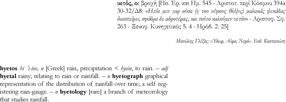 Αριστοφ. Σφ. 263 - Ξενοφ. Κυνηγετικός 5. 4 - Ηρόδ. 2. 25] Μανώλης Γλέζος: «Ύδωρ, Αύρα, Νερό». Εκδ.