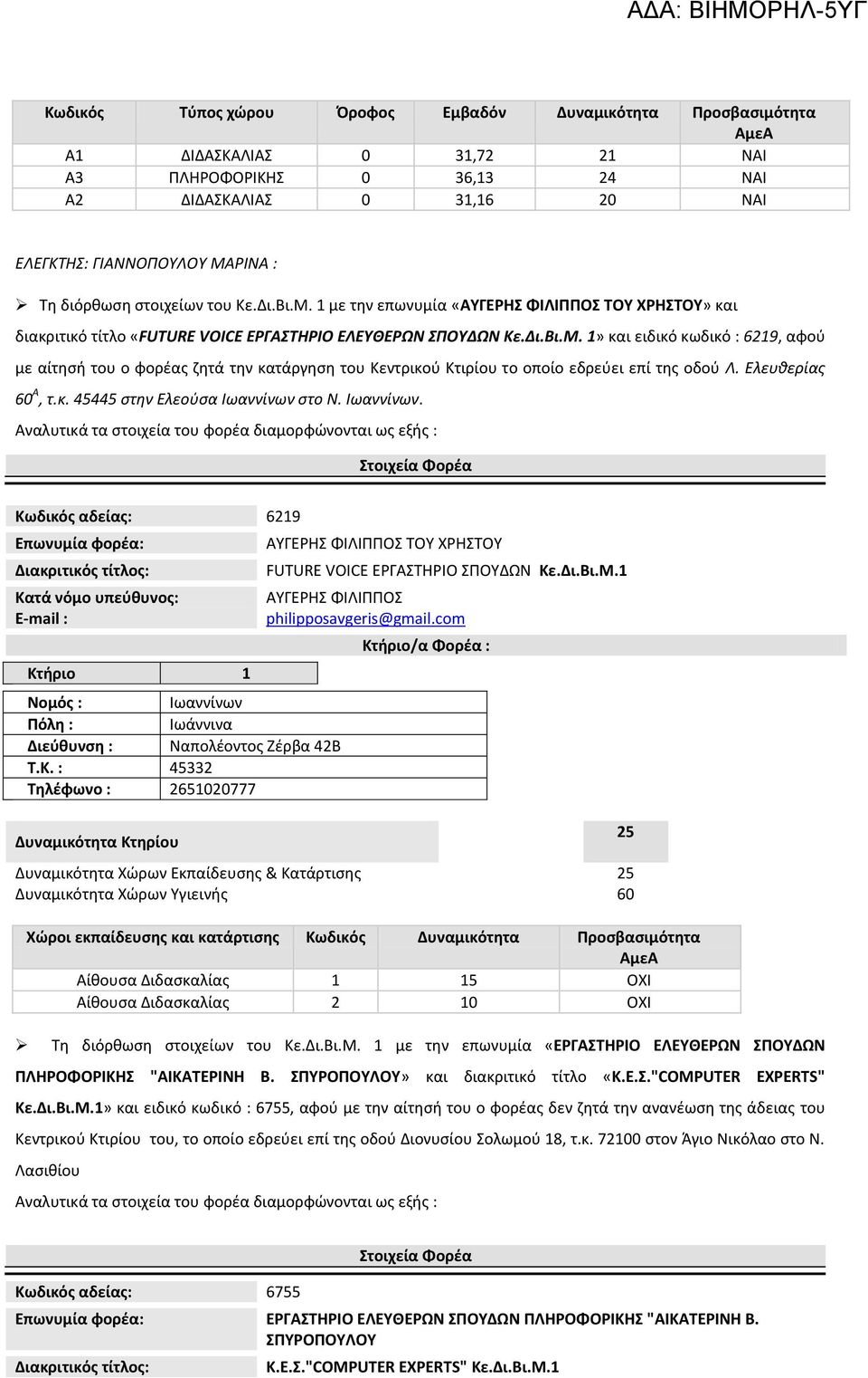 Ελευθερίας 60 Α, τ.κ. 45445 στην Ελεούσα Ιωαννίνων 