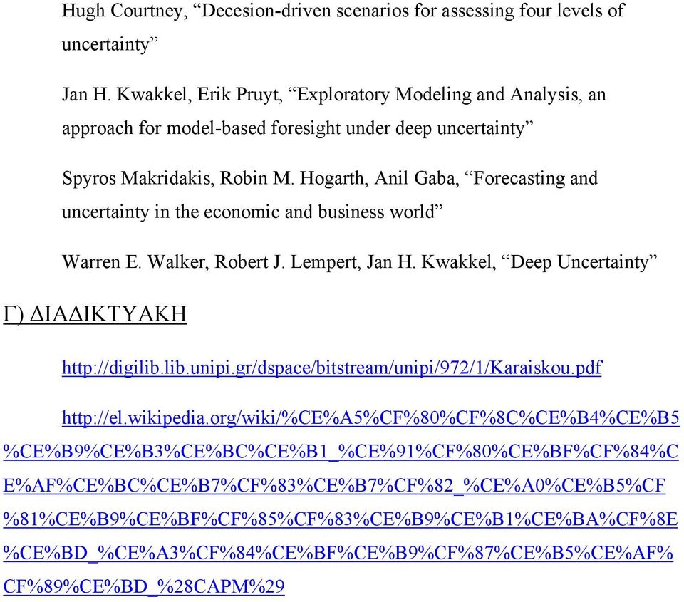 Hogarth, Anil Gaba, Forecasting and uncertainty in the economic and business world Warren E. Walker, Robert J. Lempert, Jan H. Kwakkel, Deep Uncertainty Γ) ΔΙΑΔΙΚΤΥΑΚΗ http://digilib.lib.unipi.