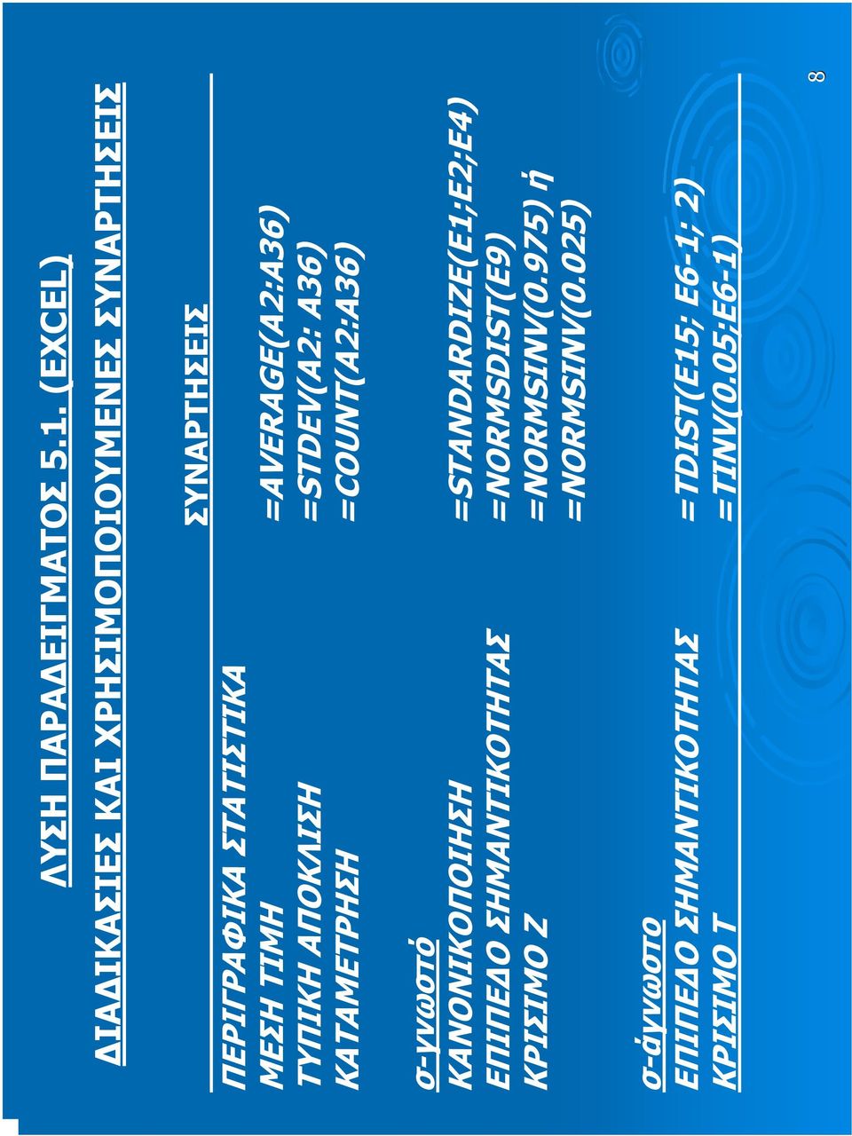 =AVERAGE(A2:A36) ΤΥΠΙΚΗ ΑΠΟΚΛΙΣΗ =STDEV(A2: A36) ΚΑΤΑΜΕΤΡΗΣΗ =COUNT(A2:A36) σ-γνωστό ΚΑΝΟΝΙΚΟΠΟΙΗΣΗ