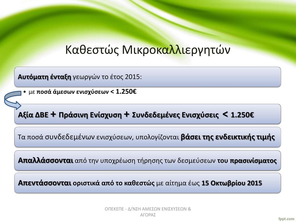 250 Τα ποσά συνδεδεμένων ενισχύσεων, υπολογίζονται βάσει της ενδεικτικής τιμής Απαλλάσσονται