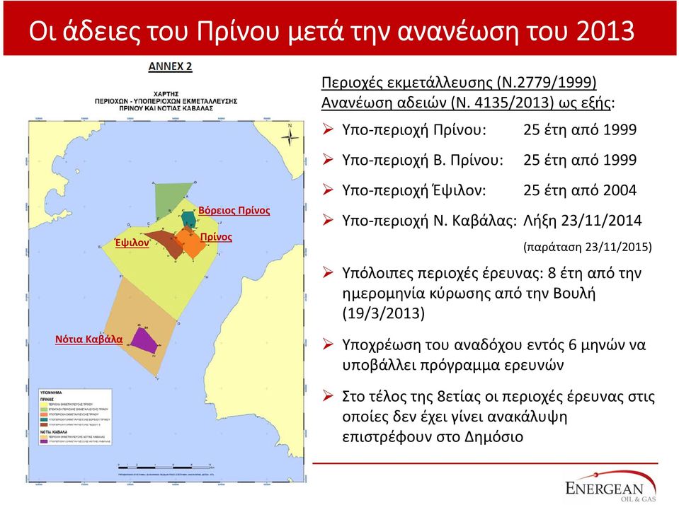 Καβάλας: Λήξη 23/11/2014 (παράταση 23/11/2015) Υπόλοιπες περιοχές έρευνας: 8 έτη από την ημερομηνία κύρωσης από την Βουλή (19/3/2013) Υποχρέωση του