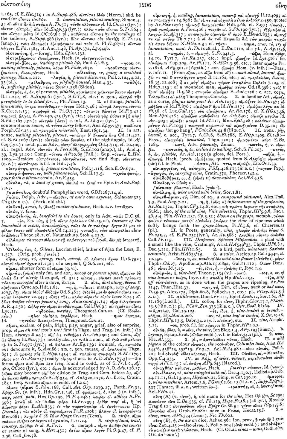 ); άϊον οίκτους ούς οικτίζη Ε. Tr. 155 (anap.); TOVS οδυρμους ε ξαιρήσομεν καϊ τ ους 01. Pl.ii.387d ; οίκτων λήγετε Ε.ΡΑ.1584, cf.and.l-4s, VX.Ap.tfa, Lg.94^. οίκτοοτίνη, ^, = foreg., Hdn.P^i'w.232.