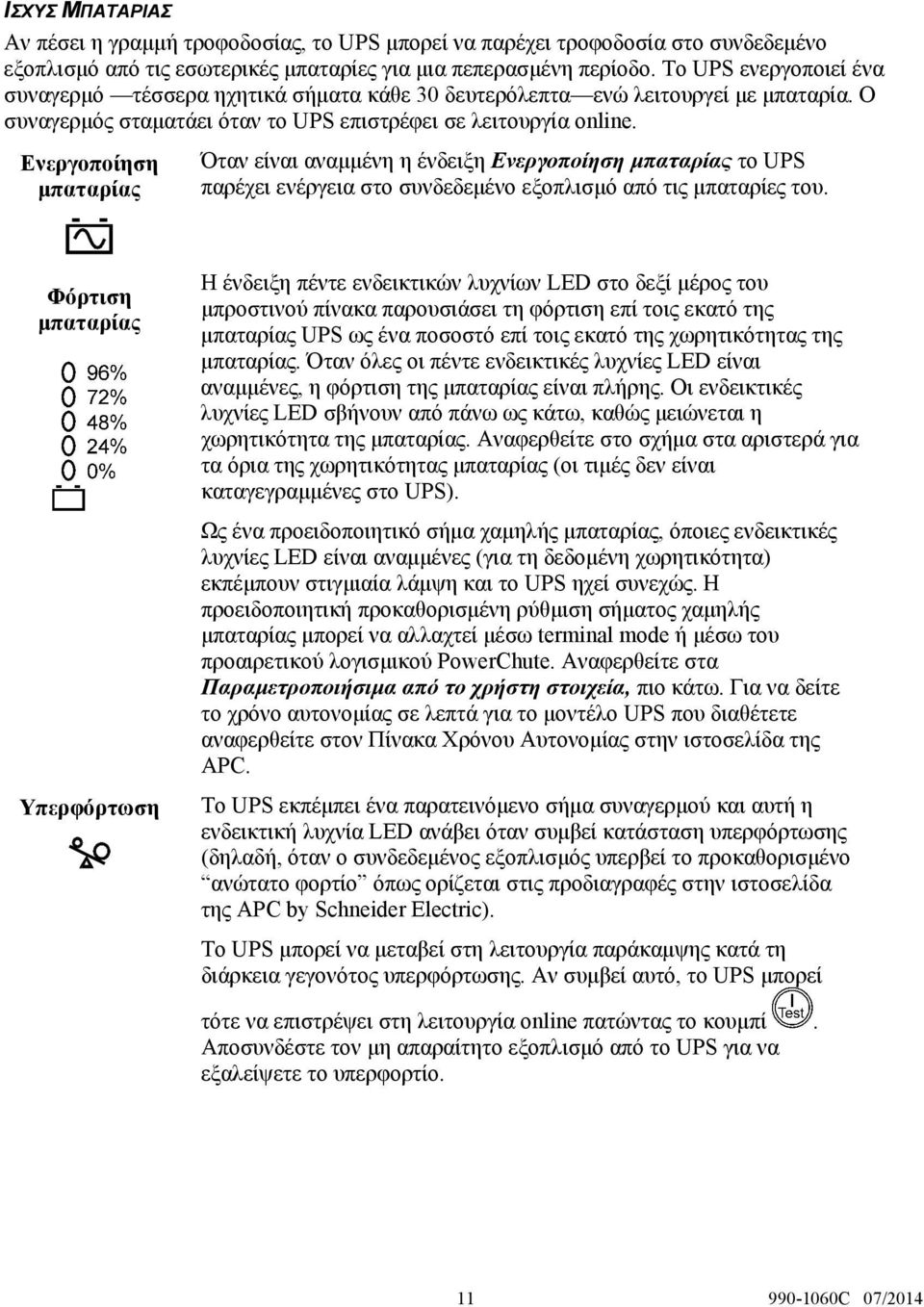 Ενεργοποίηση μπαταρίας Όταν είναι αναμμένη η ένδειξη Ενεργοποίηση μπαταρίας το UPS παρέχει ενέργεια στο συνδεδεμένο εξοπλισμό από τις μπαταρίες του.