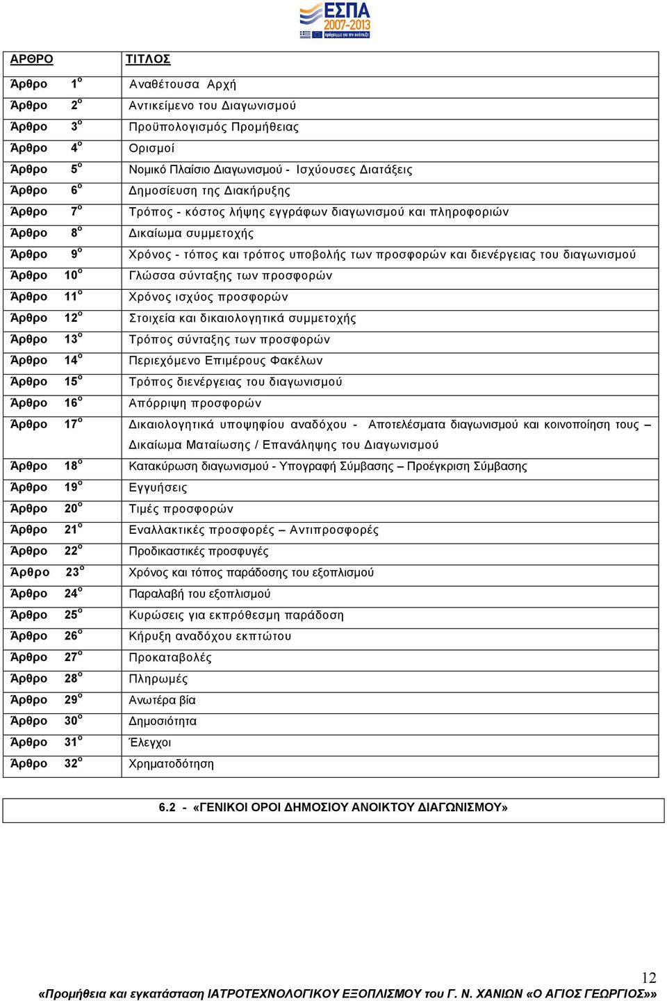 του διαγωνισµού Άρθρο 10 ο Γλώσσα σύνταξης των προσφορών Άρθρο 11 ο Χρόνος ισχύος προσφορών Άρθρο 12 ο Στοιχεία και δικαιολογητικά συµµετοχής Άρθρο 13 ο Τρόπος σύνταξης των προσφορών Άρθρο 14 ο