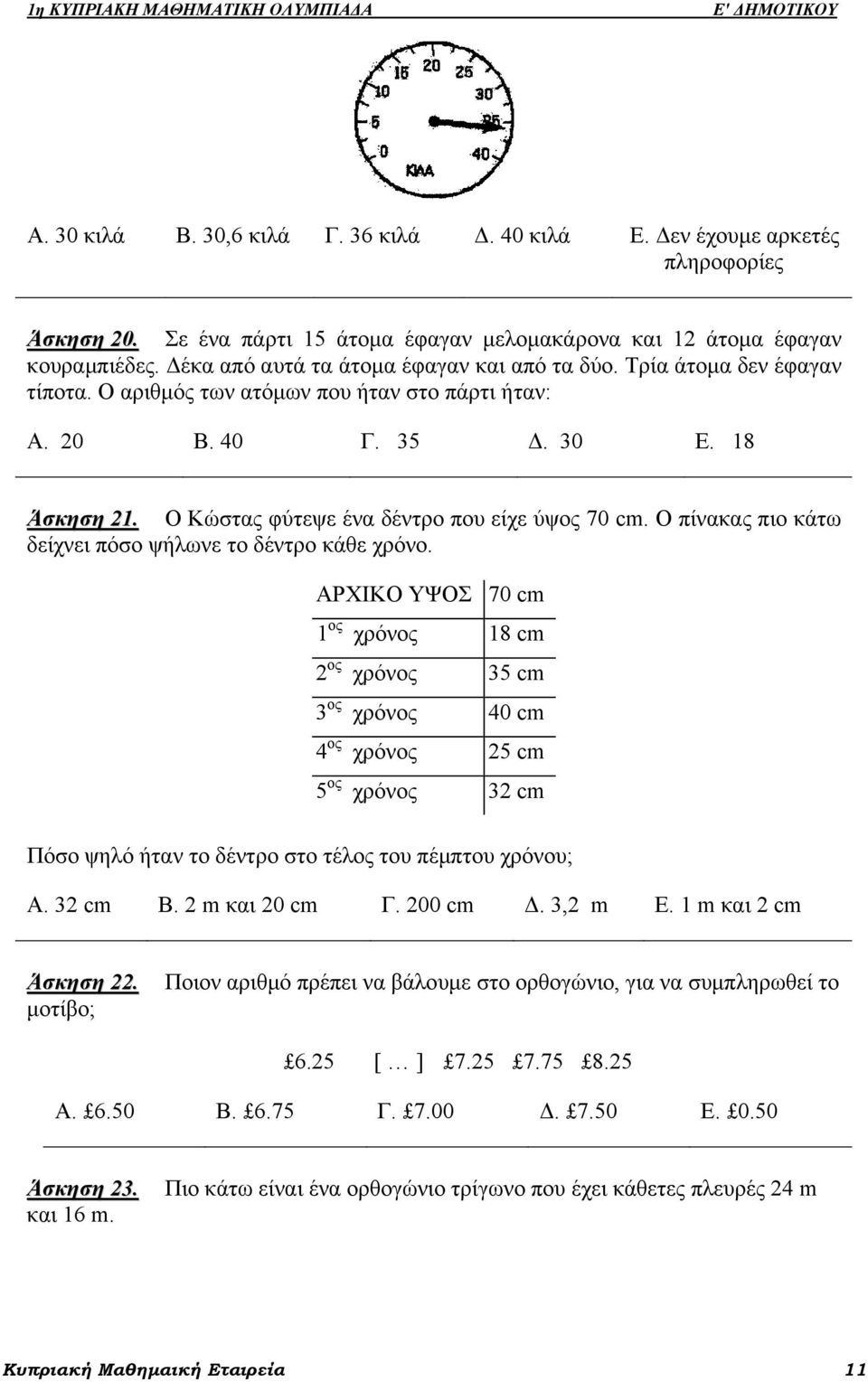 20 Β. 40 Γ. 35 Δ. 30 Ε. 18 Άσκηση 21. Ο Κώστας φύτεψε ένα δέντρο που είχε ύψος 70 cm. Ο πίνακας πιο κάτω δείχνει πόσο ψήλωνε το δέντρο κάθε χρόνο.