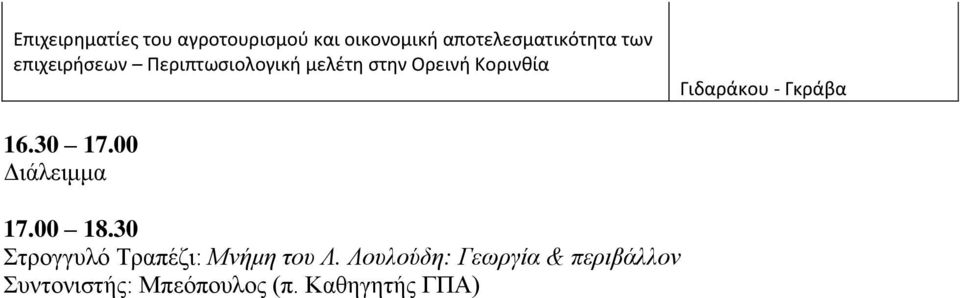 Γκράβα 16.30 17.00 Διάλειμμα 17.00 18.30 Στρογγυλό Τραπέζι: Μνήμη του Λ.