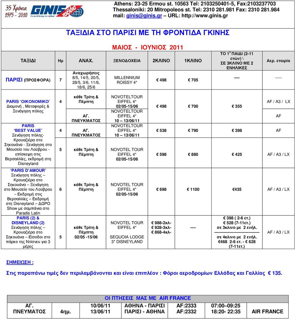 ΞΕΝΟΔΟΧΕΙΑ 2ΚΛΙΝΟ 1ΚΛΙΝΟ ΠΑΡΙΣΙ (ΠΡΟΣΦΟΡΑ) 7 Αναχωρήσεις 8/5, 14/5, 20/5, 28/5, 3/6, 11/6, 18/6, 25/6 MILLENNIUM ROISSY 4* 498 705 ΤΟ 1 ο ΠΑΙΔΙ (2-11 ετών) \ ΣΕ 3ΚΛΙΝΟ ΜΕ 2 ΕΝΗΛΙΚΕΣ Αερ.