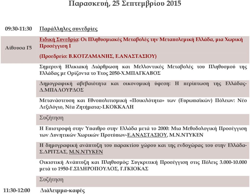 ΜΠΑΓΚΑΒΟΣ Δημογραφική αβεβαιότητα και οικονομική ύφεση: Η περίπτωση της Ελλάδας- Δ.ΜΠΑΛΟΥΡΔΟΣ Μετανάστευση και Εθνοπολιτισμική «Ποικιλότητα» των (Ευρωπαϊκών) Πόλεων: Νέο Λεξιλόγιο, Νέα Ζητήματα;-Ι.