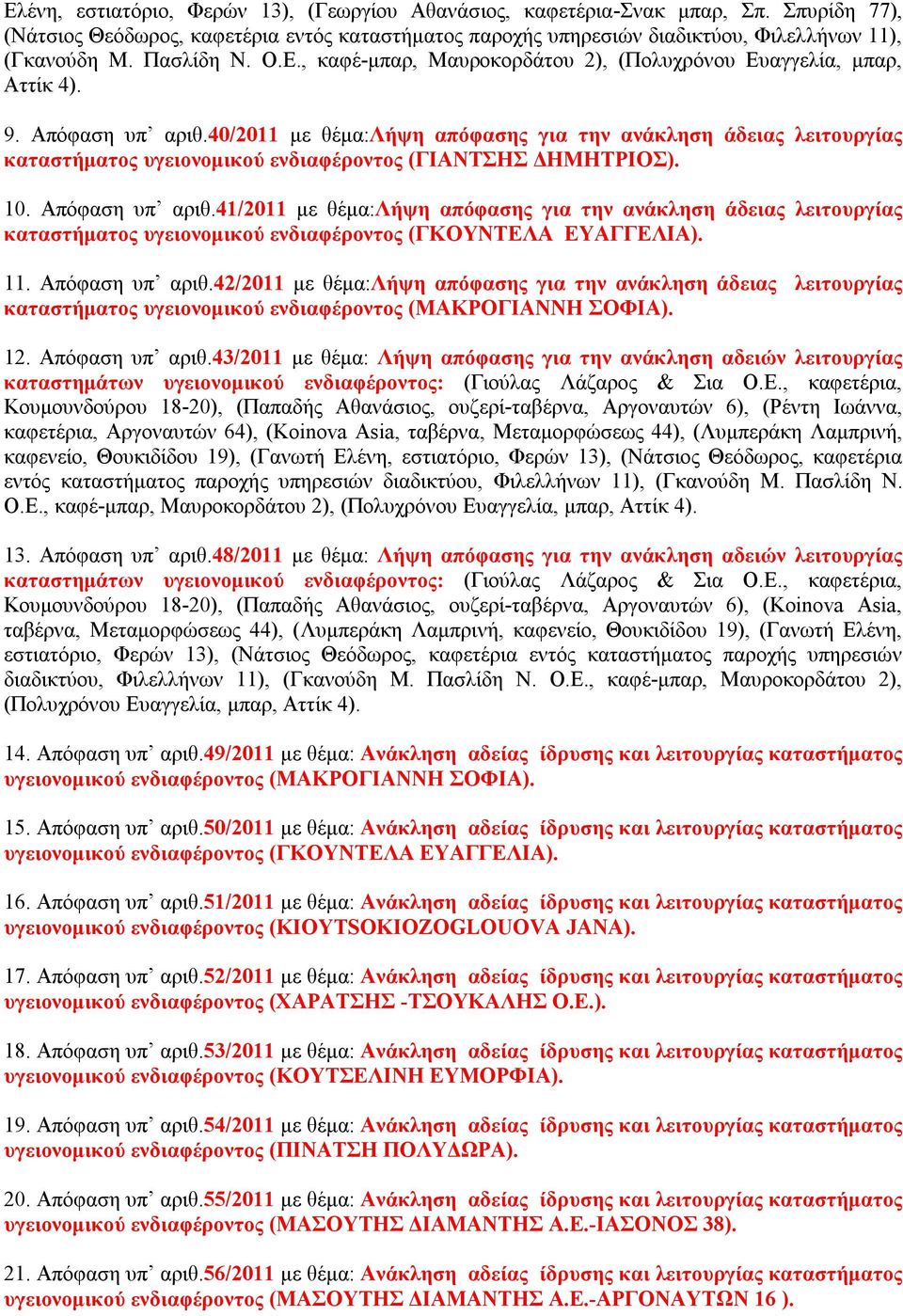 40/2011 με θέμα:λήψη απόφασης για την ανάκληση άδειας λειτουργίας καταστήματος υγειονομικού ενδιαφέροντος (ΓΙΑΝΤΣΗΣ ΔΗΜΗΤΡΙΟΣ). 10. Απόφαση υπ αριθ.