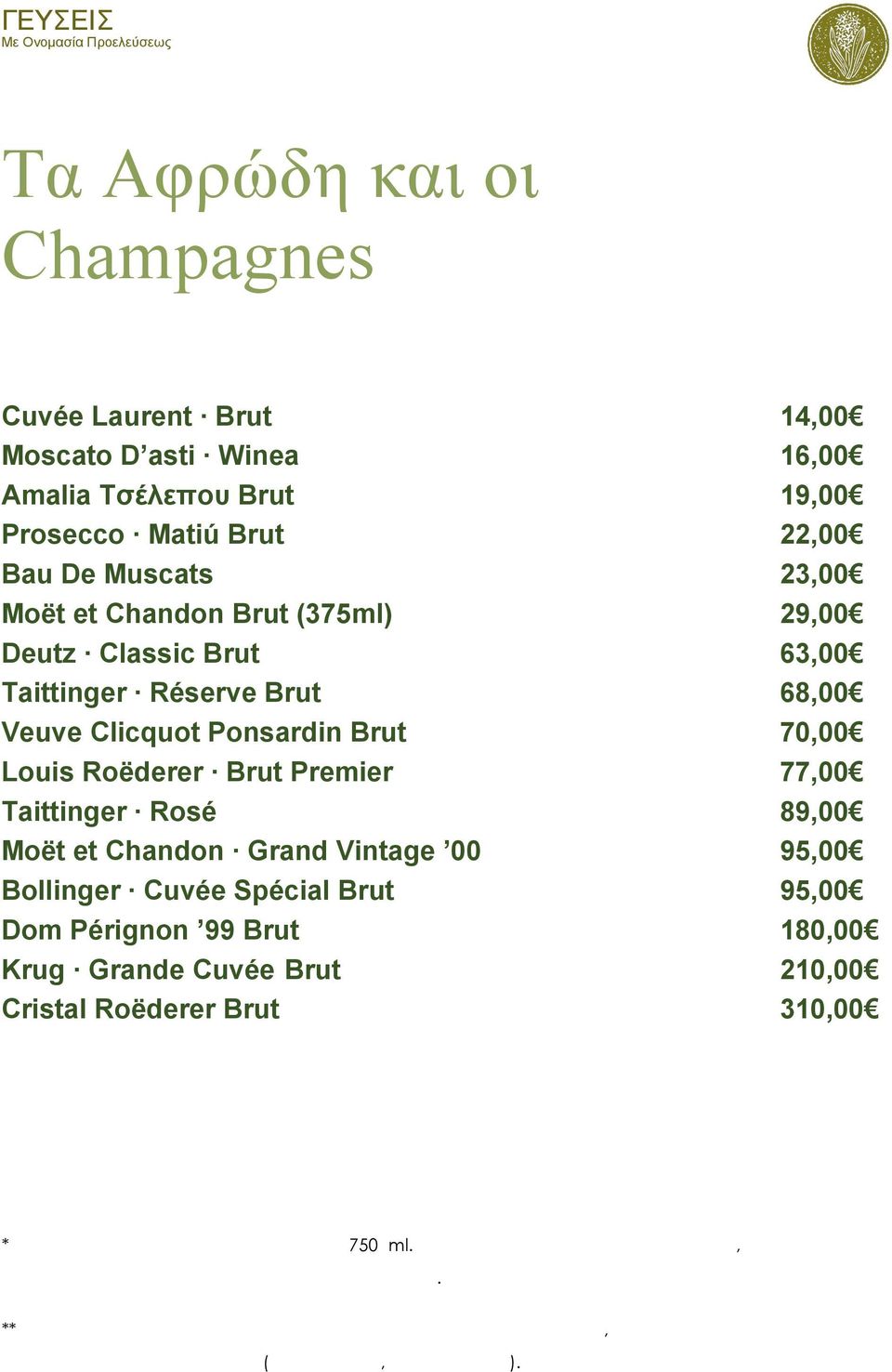 Clicquot Ponsardin Βrut 70,00 Louis Roëderer Brut Premier 77,00 Taittinger Rosé 89,00 Moët et Chandon Grand Vintage 00 95,00