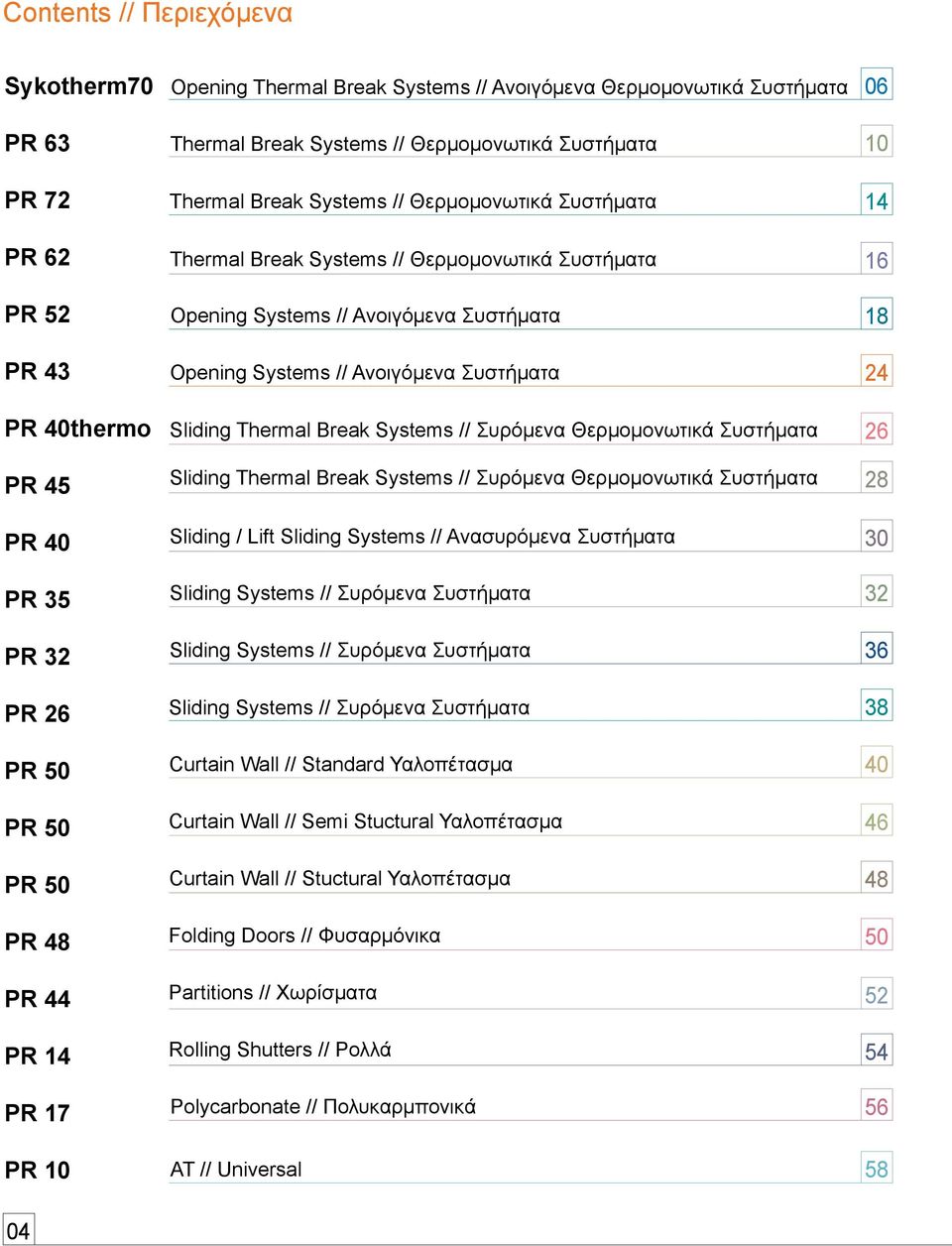 Systems // Συρόμενα Θερμομονωτικά Συστήματα 10 14 16 18 24 26 PR 45 Sliding Thermal Break Systems // Συρόμενα Θερμομονωτικά Συστήματα 28 PR 40 PR 35 PR 32 PR 26 PR PR PR PR 48 PR 44 PR 14 PR 17