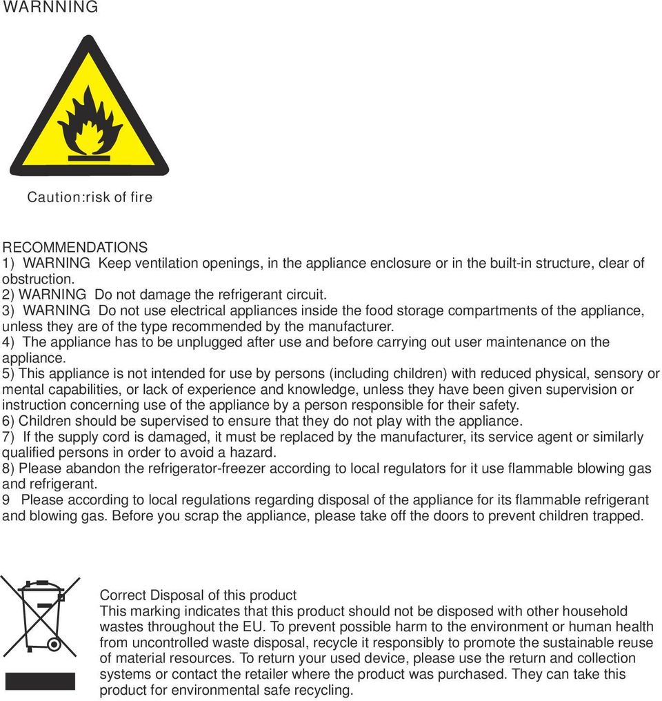 3) WARNING Do not use electrical appliances inside the food storage compartments of the appliance, unless they are of the type recommended by the manufacturer.