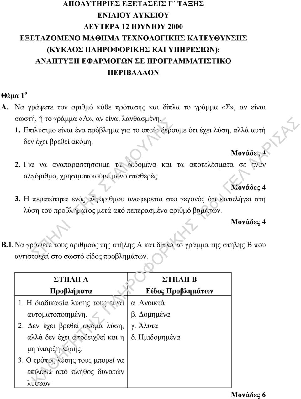 Μονάδες 4 2. Για να αναπαραστήσουµε τα δεδοµένα και τα αποτελέσµατα σε έναν αλγόριθµο, χρησιµοποιούµε µόνο σταθερές. Μονάδες 4 3.