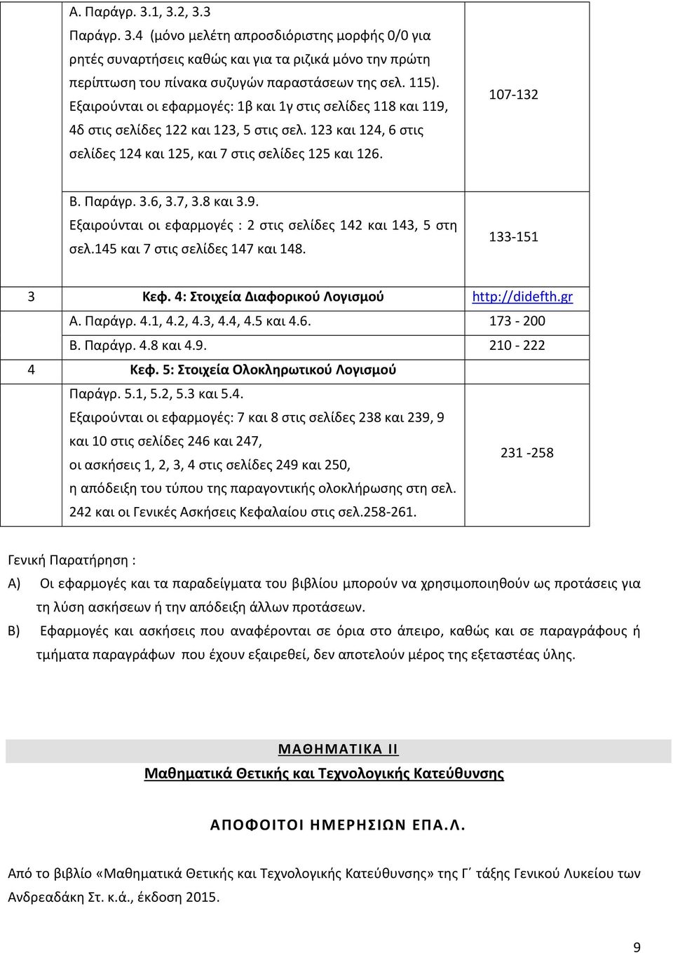 6, 3.7, 3.8 και 3.9. Εξαιρούνται οι εφαρμογές : 2 στις σελίδες 142 και 143, 5 στη σελ.145 και 7 στις σελίδες 147 και 148. 133-151 3 Κεφ. 4: Στοιχεία Διαφορικού Λογισμού http://didefth.gr Α. Παράγρ. 4.1, 4.