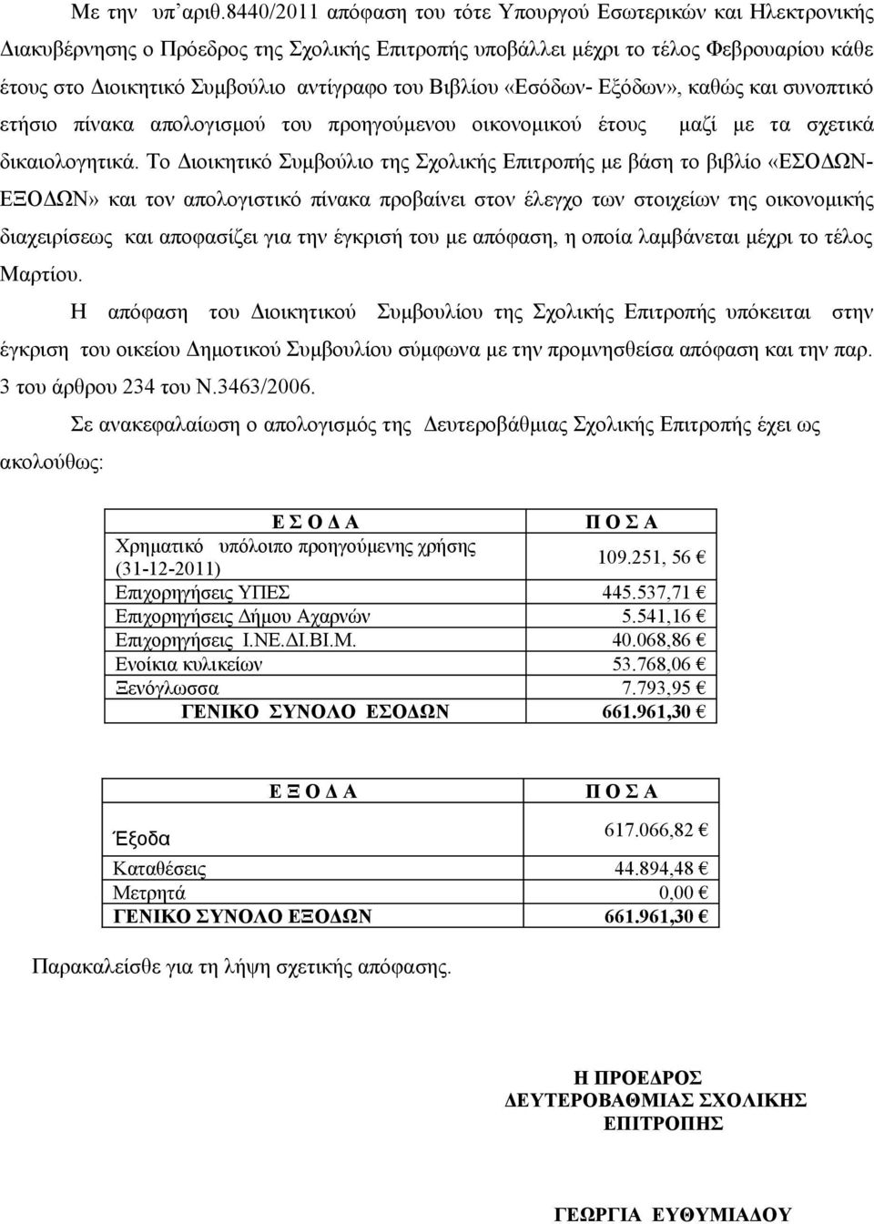 Βιβλίου «Εσόδων- Εξόδων», καθώς και συνοπτικό ετήσιο πίνακα απολογισμού του προηγούμενου οικονομικού έτους μαζί με τα σχετικά δικαιολογητικά.