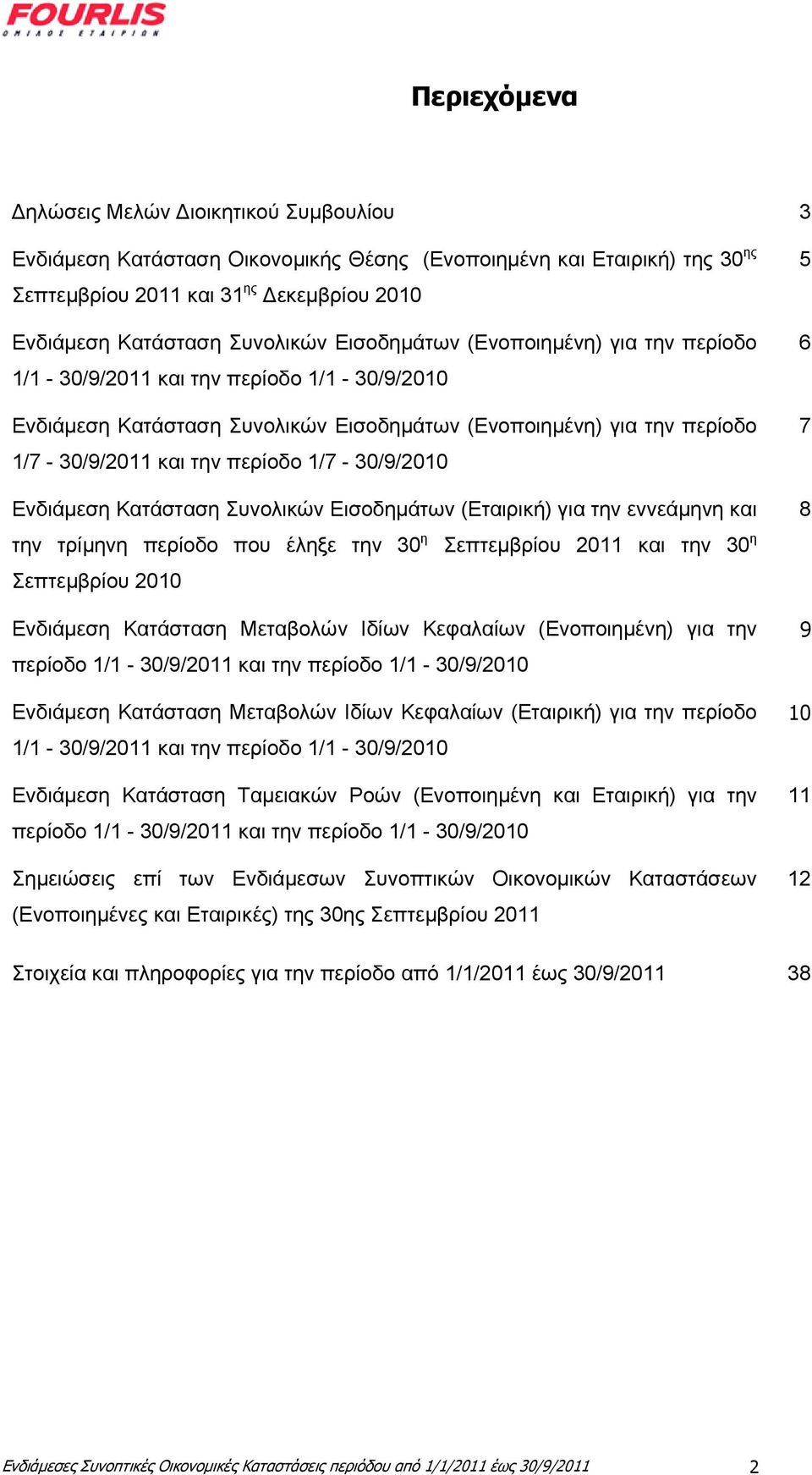 1/7-30/9/2010 Ενδιάμεση Κατάσταση Συνολικών Εισοδημάτων (Εταιρική) για την εννεάμηνη και την τρίμηνη περίοδο που έληξε την 30 η Σεπτεμβρίου 2011 και την 30 η Σεπτεμβρίου 2010 Ενδιάμεση Κατάσταση