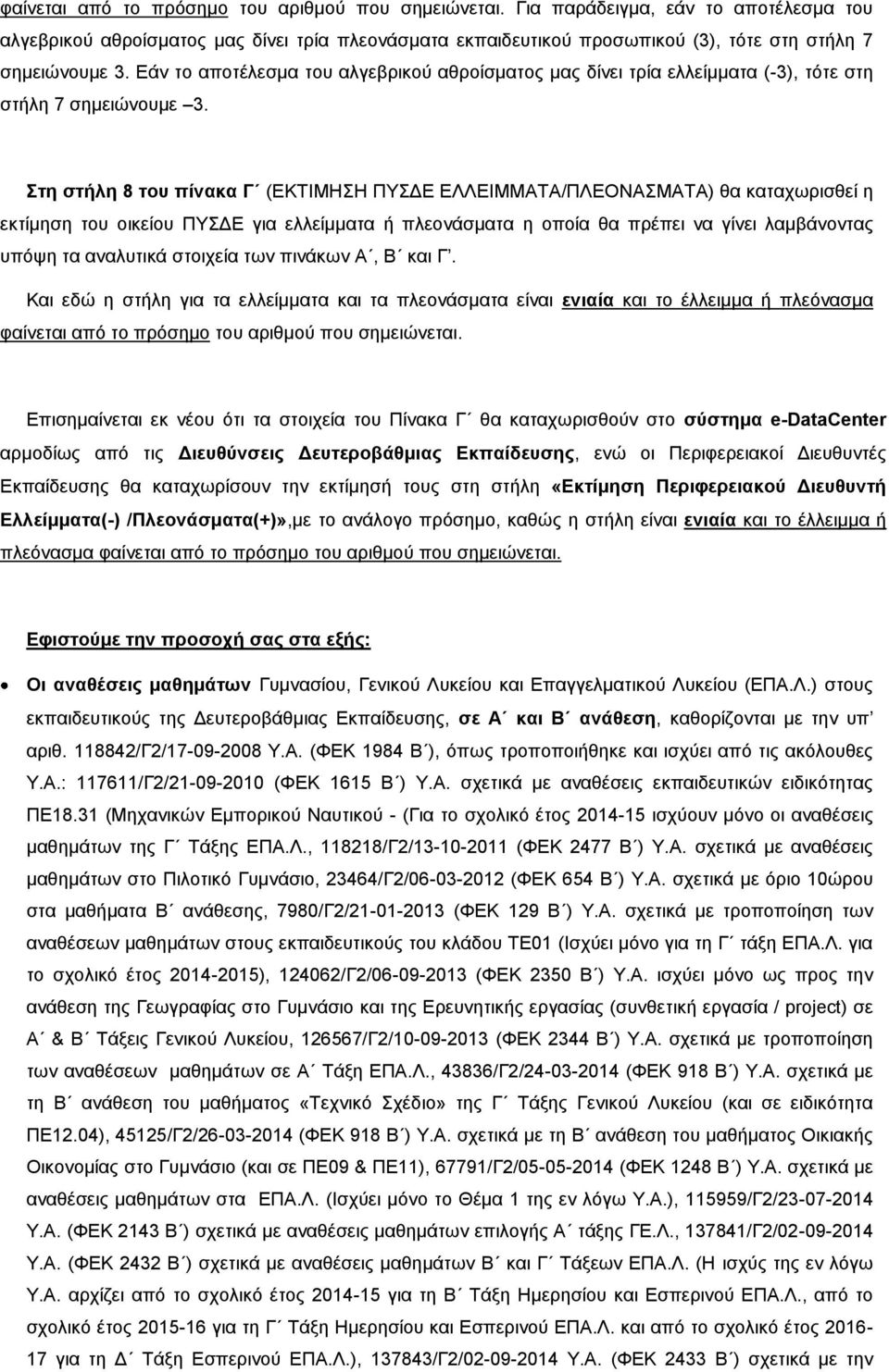 Εάν το αποτέλεσμα του αλγεβρικού αθροίσματος μας δίνει τρία ελλείμματα (-3), τότε στη στήλη 7 σημειώνουμε 3.