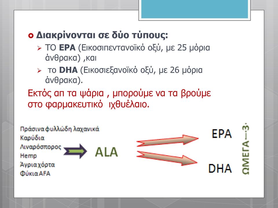 DHA (Εικοσιεξανοϊκό οξύ, με 26 μόρια άνθρακα).