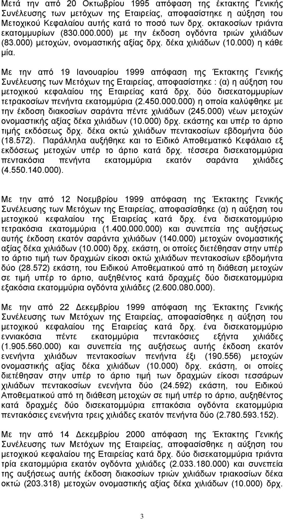 Με την από 19 Ιανουαρίου 1999 απόφαση της Έκτακτης Γενικής Συνέλευσης των Μετόχων της Εταιρείας, αποφασίστηκε : (α) η αύξηση του μετοχικού κεφαλαίου της Εταιρείας κατά δρχ.