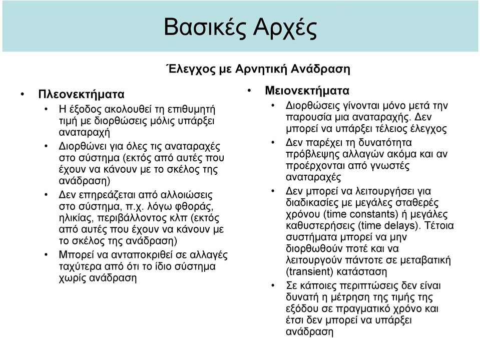 Μπορεί να ανταποκριθεί σε αλλαγές ταχύτερα από ότι το ίδιο σύστημα χωρίς ανάδραση Μειονεκτήματα Διορθώσεις γίνονται μόνο μετά την παρουσία μια αναταραχής.