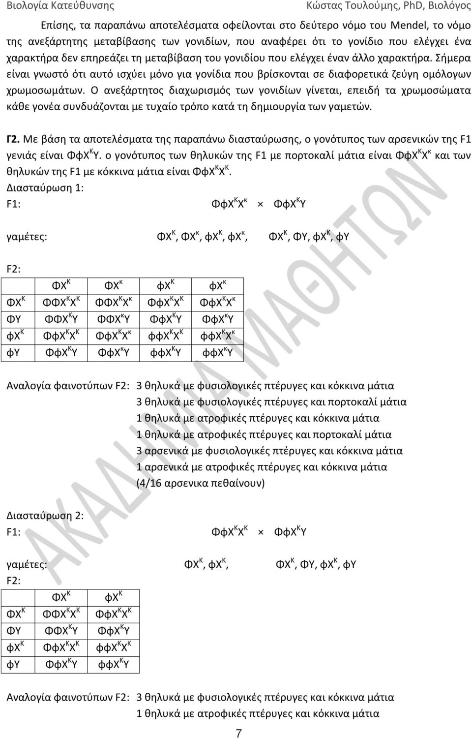 Ο ανεξάρτητος διαχωρισμός των γονιδίων γίνεται, επειδή τα χρωμοσώματα κάθε γονέα συνδυάζονται με τυχαίο τρόπο κατά τη δημιουργία των γαμετών. Γ2.