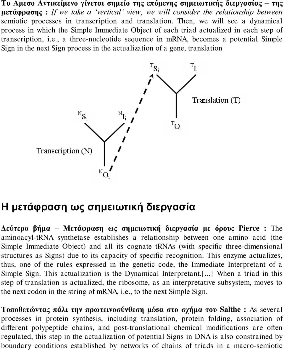 , we will see a dynamical process in which the Simple Immediate Object of each triad actualized in each step of transcription, i.e., a three-nucleotide sequence in mrna, becomes a potential Simple