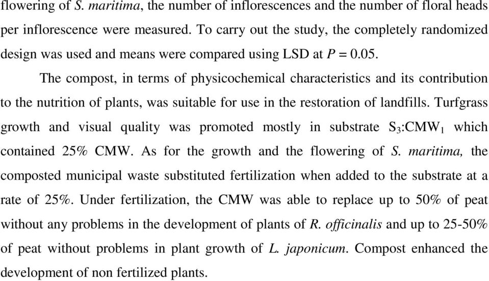 The compost, in terms of physicochemical characteristics and its contribution to the nutrition of plants, was suitable for use in the restoration of landfills.