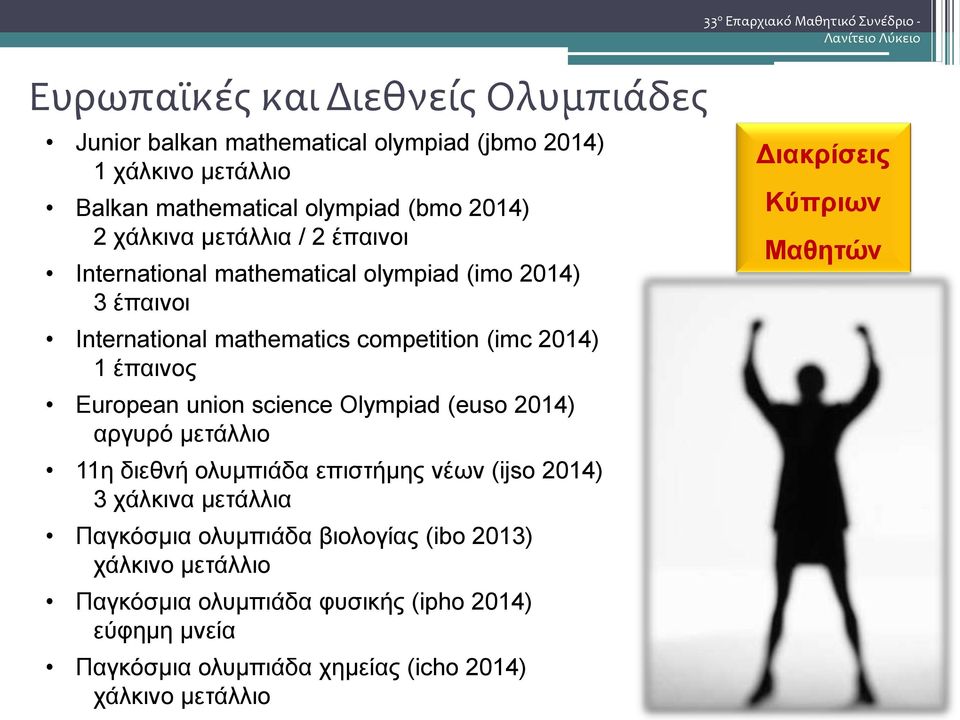 έπαινος European union science Olympiad (euso 2014) αργυρό μετάλλιο 11η διεθνή ολυμπιάδα επιστήμης νέων (ijso 2014) 3 χάλκινα μετάλλια Παγκόσμια ολυμπιάδα