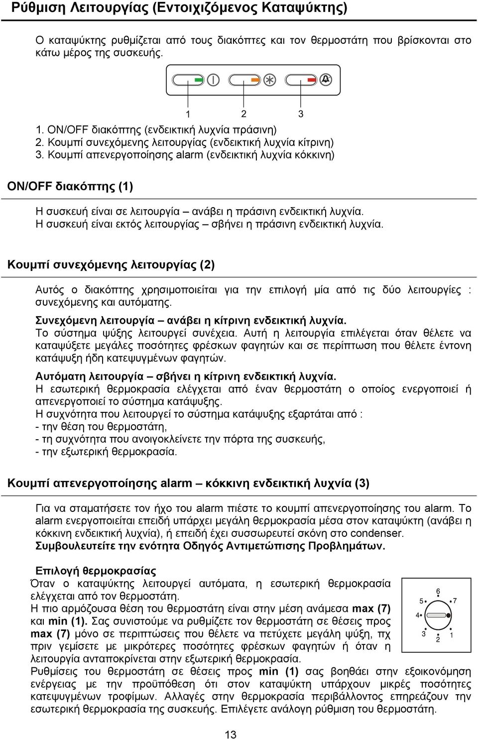 Κουμπί απενεργοποίησης alarm (ενδεικτική λυχνία κόκκινη) ON/OFF διακόπτης (1) Η συσκευή είναι σε λειτουργία ανάβει η πράσινη ενδεικτική λυχνία.