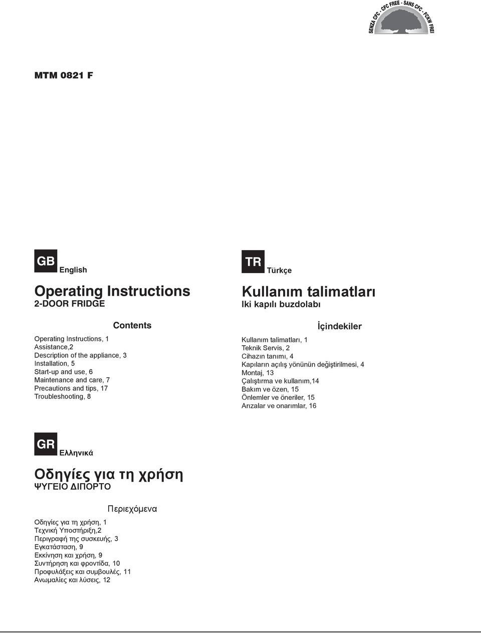 açýlýþ yönünün deðiþtirilmesi, 4 Montaj, 13 Çalýþtýrma ve kullaným,14 Bakým ve özen, 15 Önlemler ve öneriler, 15 Arýzalar ve onarýmlar, 16 Ελληνικά Οδηγίες για τη χρήση ΨΥΓΕΙΟ ΔΙΠΟΡΤΟ