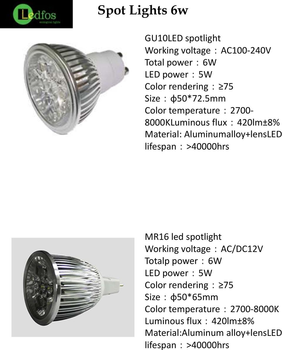 5mm Color temperature:2700-8000kluminous flux:420lm±8% Material: Aluminumalloy+lensLED lifespan:>40000hrs