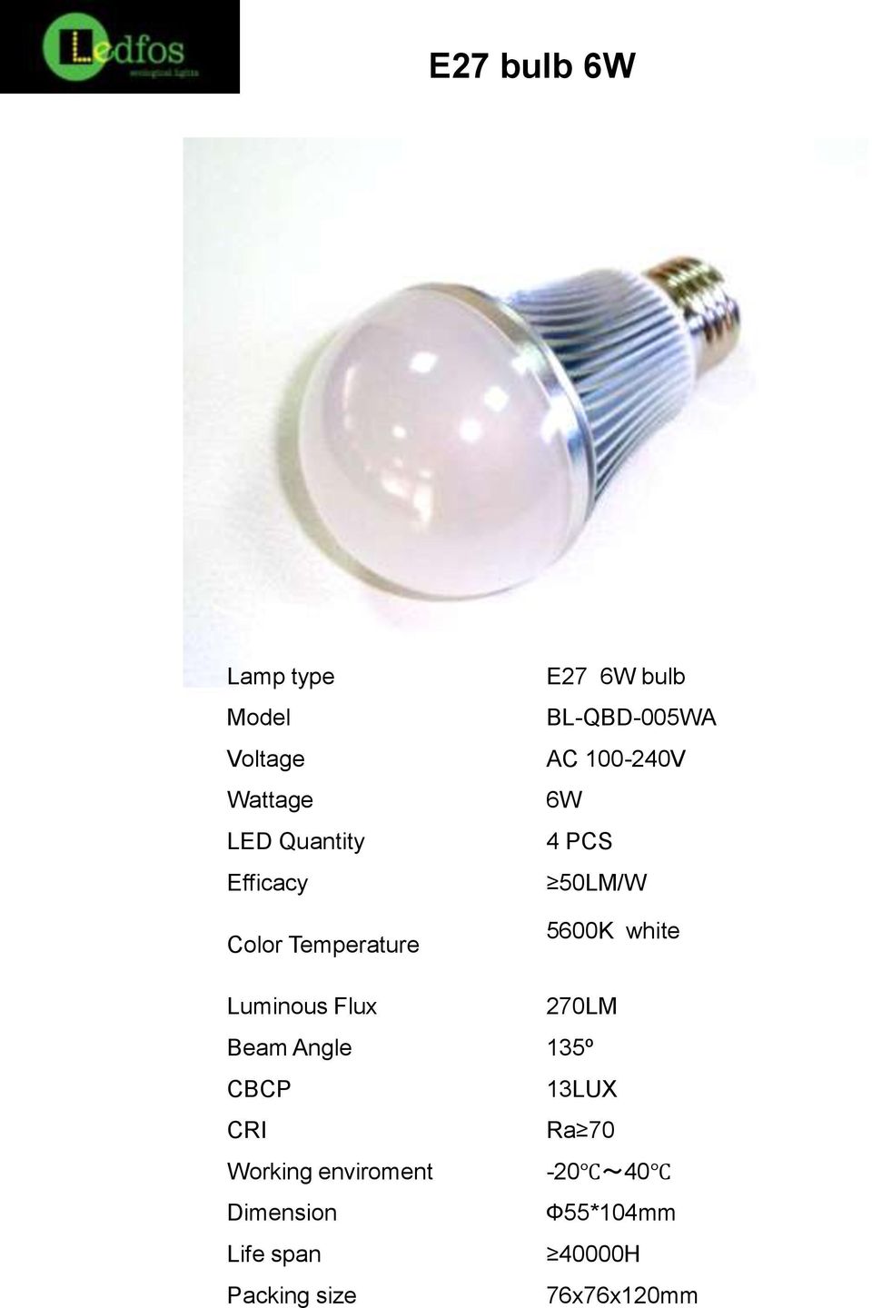 white Luminous Flux 270LM Beam Angle 135º CBCP 13LUX CRI Ra 70 Working