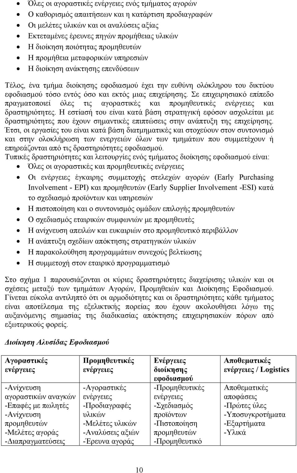 μιας επιχείρησης. Σε επιχειρησιακό επίπεδο πραγματοποιεί όλες τις αγοραστικές και προμηθευτικές ενέργειες και δραστηριότητες.