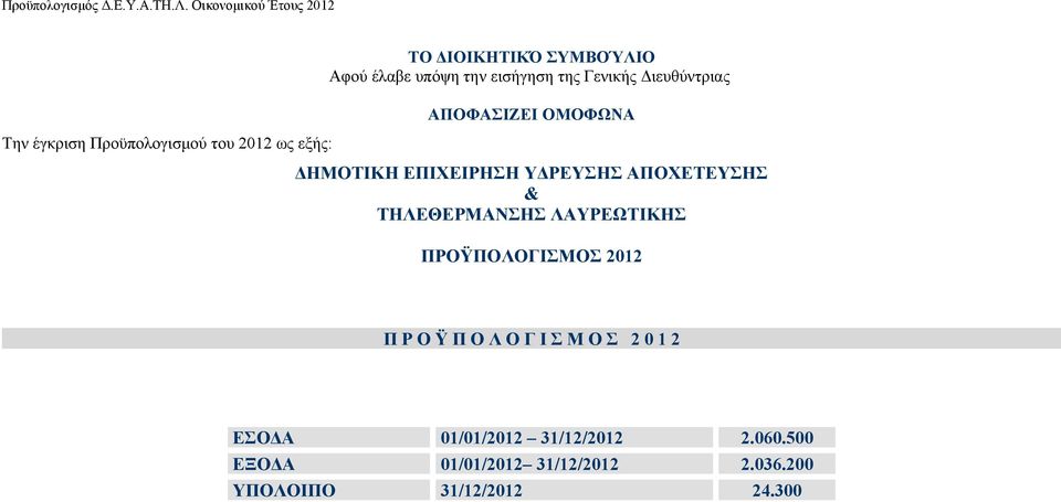 ΑΠΟΧΕΤΕΥΣΗΣ & ΤΗΛΕΘΕΡΜΑΝΣΗΣ ΛΑΥΡΕΩΤΙΚΗΣ ΠΡΟΫΠΟΛΟΓΙΣΜΟΣ 2012 Π Ρ Ο Ϋ Π Ο Λ Ο Γ Ι Σ Μ Ο Σ 2 0