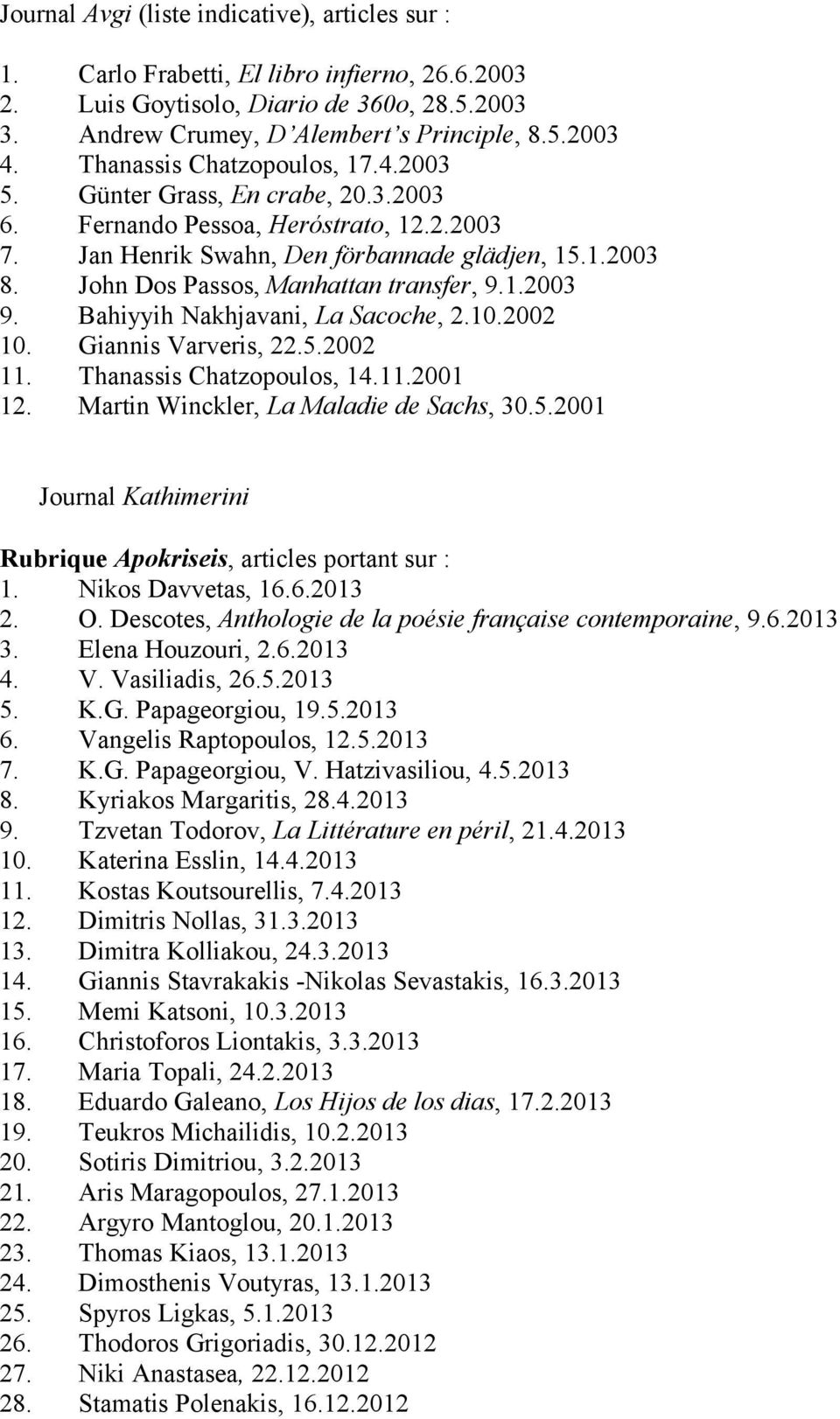 John Dos Passos, Manhattan transfer, 9.1.2003 9. Bahiyyih Nakhjavani, La Sacoche, 2.10.2002 10. Giannis Varveris, 22.5.2002 11. Thanassis Chatzopoulos, 14.11.2001 12.