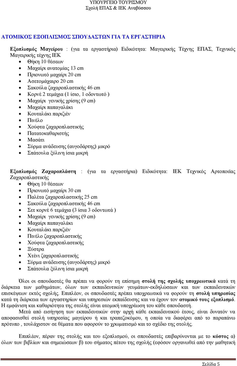 ανάδευσης (αυγοδάρτης) μικρό Σπάτουλα ξύλινη ίσια μικρή Ειδικότητα: Μαγειρικής Τέχνης ΕΠΑΣ, Τεχνικός Εξοπλισμός Ζαχαροπλάστη : (για τα εργαστήρια) Ειδικότητα: Ζαχαροπλαστικής Θήκη 10 θέσεων Πριονωτό