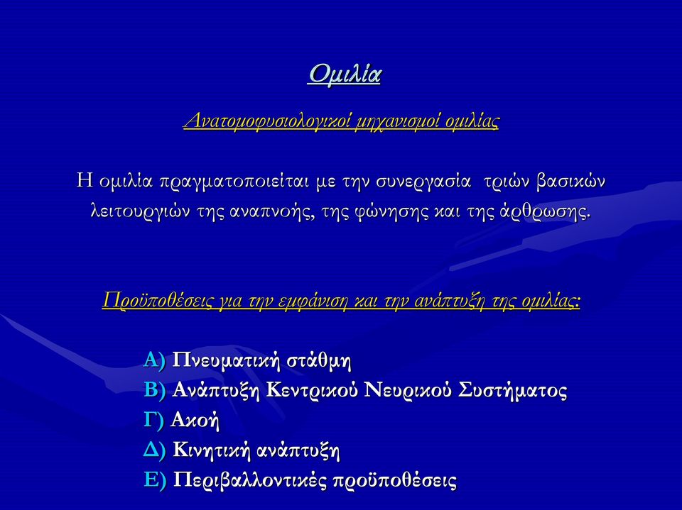 Προϋποθέσεις για την εμφάνιση και την ανάπτυξη της ομιλίας: Α) Πνευματική στάθμη Β)