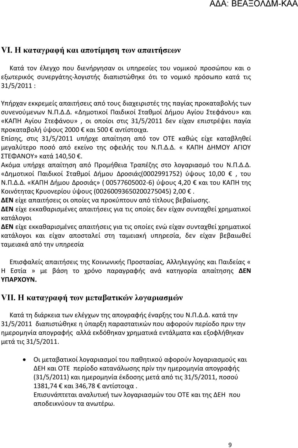 Δ. «Δημοτικοί Παιδικοί Σταθμοί Δήμου Αγίου Στεφάνου» και «ΚΑΠΗ Αγίου Στεφάνου», οι οποίοι στις 31/5/2011 δεν είχαν επιστρέψει παγία προκαταβολή ύψους 2000 και 500 αντίστοιχα.