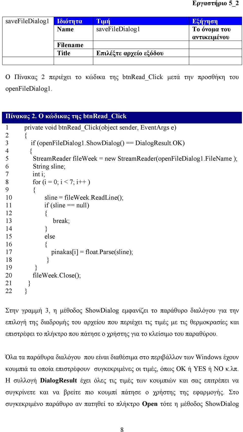 showdialog() == DialogResult.OK) 4 { 5 StreamReader fileweek = new StreamReader(openFileDialog1.FileName ); 6 String sline; 7 int i; 8 for (i = 0; i < 7; i++ ) 9 { 10 sline = fileweek.