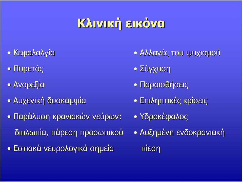 Εστιακά νευρολογικά σημεία Αλλαγές του ψυχισμού Σύγχυση