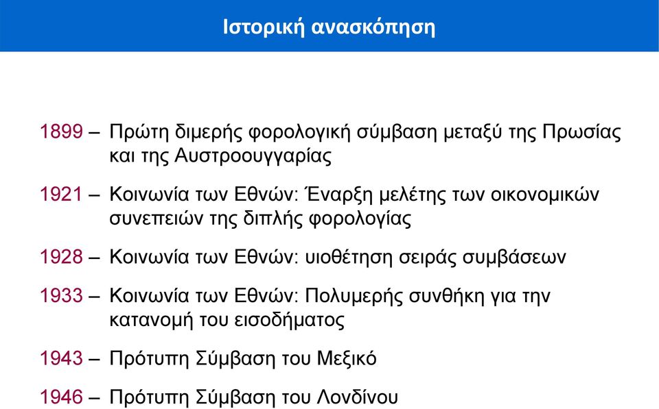 φορολογίας 1928 Κοινωνία των Εθνών: υιοθέτηση σειράς συμβάσεων 1933 Κοινωνία των Εθνών: