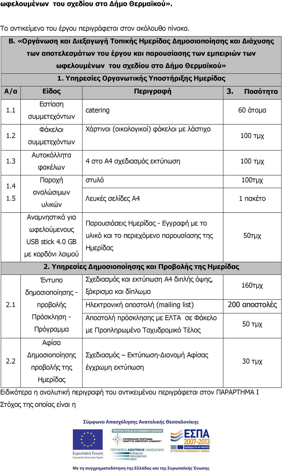 Υπηρεσίες Οργανωτικής Υποστήριξης Α/α Είδος Περιγραφή 3. Ποσότητα 1.1 Εστίαση συµµετεχόντων catering 60 άτοµα 1.2 Φάκελοι συµµετεχόντων Χάρτινοι (οικολογικοί) φάκελοι µε λάστιχο 100 τµχ 1.