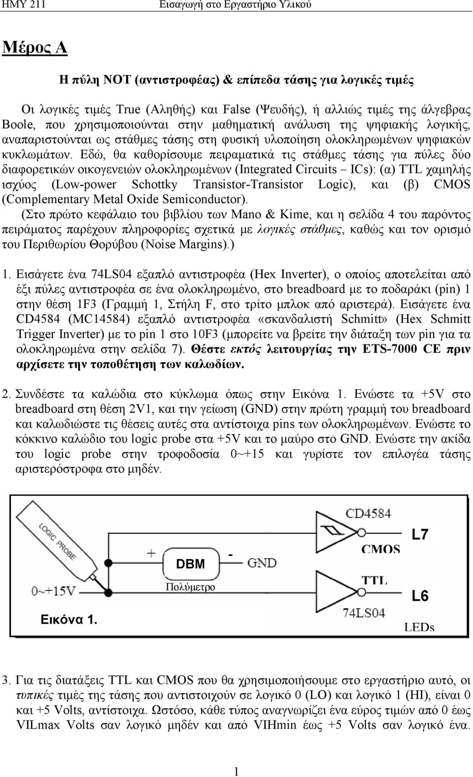 Εδώ, θα καθορίσουμε πειραματικά τις στάθμες τάσης για πύλες δύο διαφορετικών οικογενειών ολοκληρωμένων (Integrated Circuits ICs): (α) TTL χαμηλής ισχύος (Low-power Schottky Transistor-Transistor