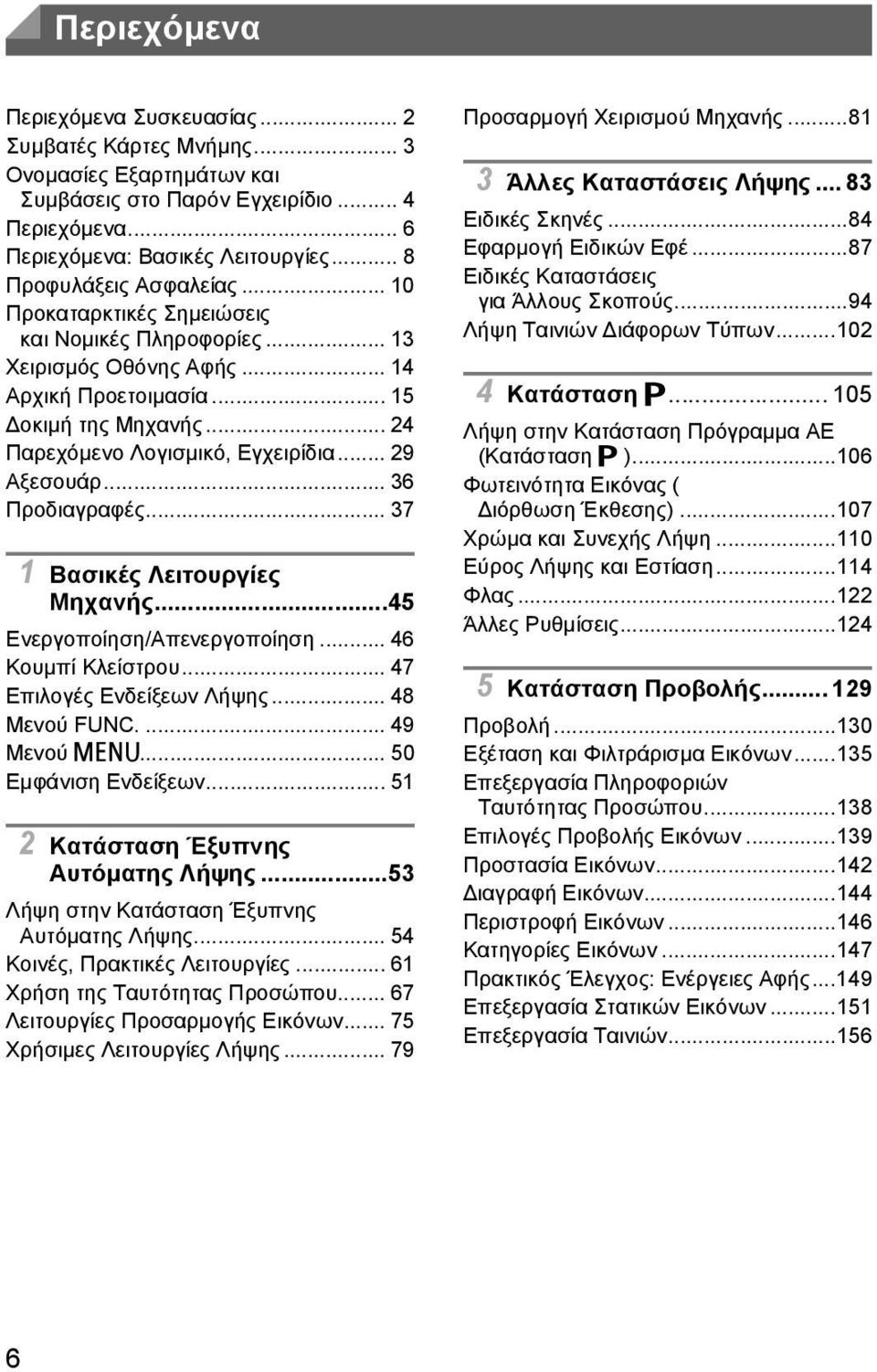 .. 29 Αξεσουάρ... 36 Προδιαγραφές... 37 1 Βασικές Λειτουργίες Μηχανής...45 Ενεργοποίηση/Απενεργοποίηση... 46 Κουμπί Κλείστρου... 47 Επιλογές Ενδείξεων Λήψης... 48 Μενού FUNC.... 49 Μενού n.