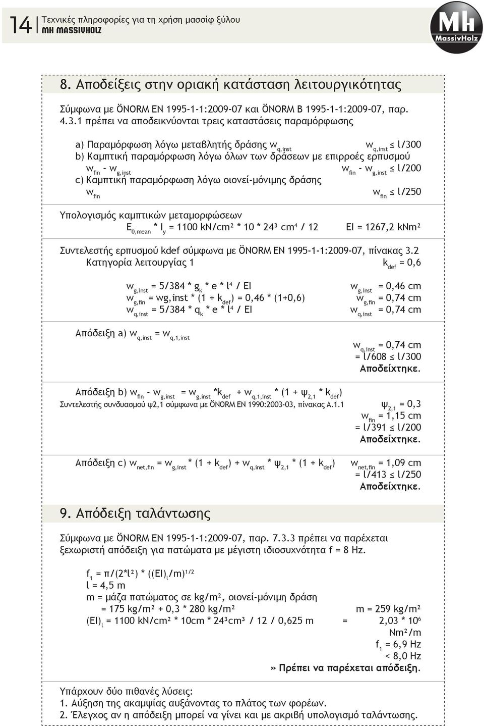 g,inst w fin - w g,inst l/200 c) Καμπτική παραμόρφωση λόγω οιονεί-μόνιμης δράσης w fin w fin l/250 Υπολογισμός καμπτικών μεταμορφώσεων E 0,mean * I y = 1100 kn/cm² * 10 * 24³ cm 4 / 12 EI = 1267,2