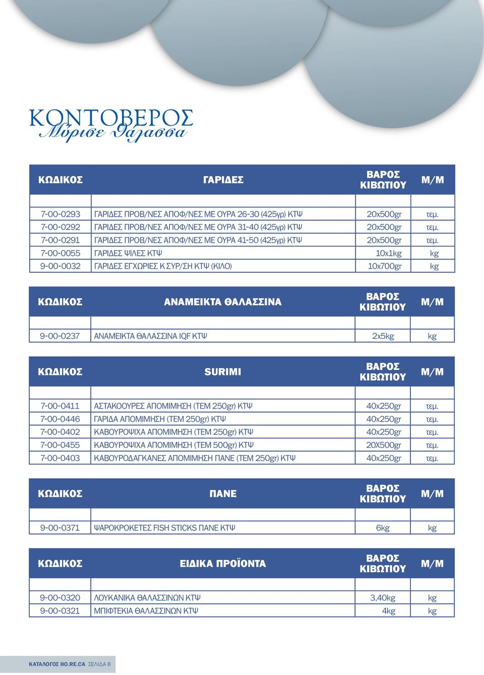 7-00-0055 ΓΑΡΙΔΕΣ ΨΙΛΕΣ ΚΤΨ 10x1kg kg 9-00-0032 ΓΑΡΙΔΕΣ ΕΓΧΩΡΙΕΣ Κ ΣΥΡ/ΣΗ ΚΤΨ (ΚΙΛΟ) 10x700gr kg ΑΝΑΜΕΙΚΤΑ ΘΑΛΑΣΣΙΝΑ 9-00-0237 ΑΝΑΜΕΙΚΤΑ ΘΑΛΑΣΣΙΝΑ IQF ΚΤΨ 2x5kg kg SURIMI 7-00-0411 ΑΣΤΑΚΟΟΥΡΕΣ