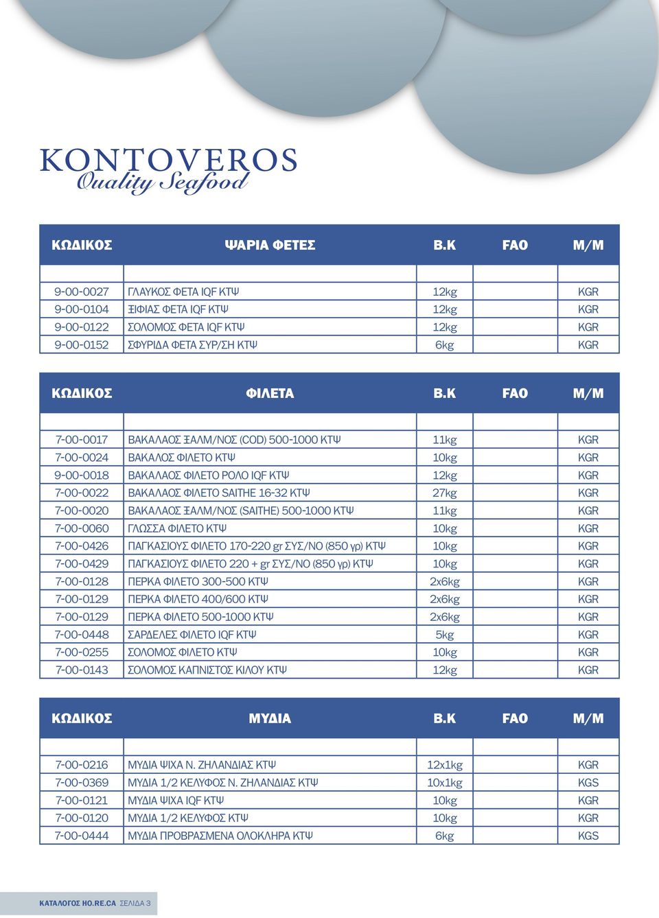 Κ FAO Μ/Μ 7-00-0017 ΒΑΚΑΛΑΟΣ ΞΑΛΜ/ΝΟΣ (COD) 500-1000 ΚΤΨ 11kg KGR 7-00-0024 ΒΑΚΑΛΟΣ ΦΙΛΕΤΟ ΚΤΨ 10kg KGR 9-00-0018 ΒΑΚΑΛΑΟΣ ΦΙΛΕΤΟ ΡΟΛΟ IQF ΚΤΨ 12kg KGR 7-00-0022 ΒΑΚΑΛΑΟΣ ΦΙΛΕΤΟ SAITHE 16-32 ΚΤΨ 27kg