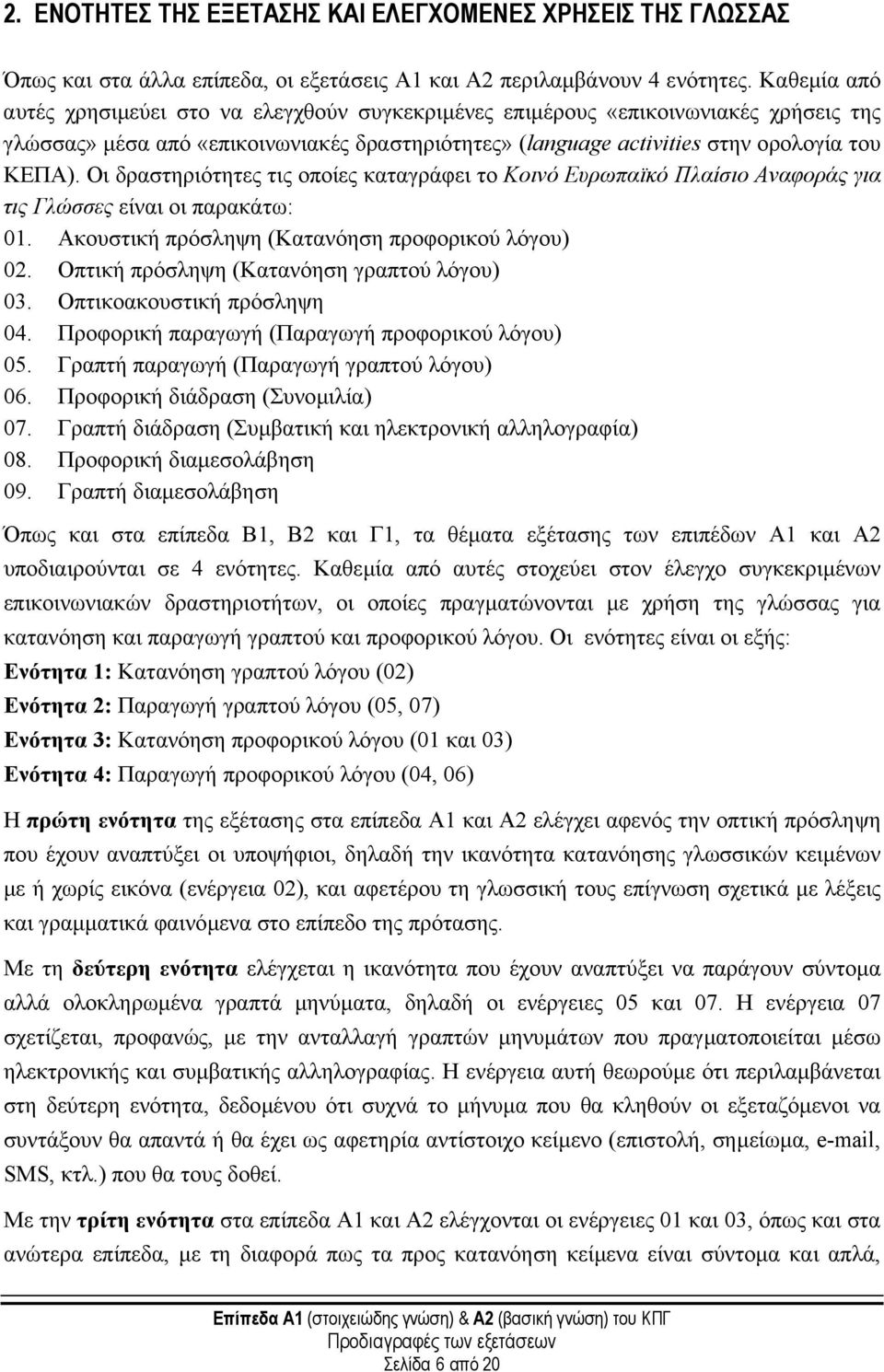 Οι δραστηριότητες τις οποίες καταγράφει το Κοινό Ευρωπαϊκό Πλαίσιο Αναφοράς για τις Γλώσσες είναι οι παρακάτω: 01. Ακουστική πρόσληψη (Κατανόηση προφορικού λόγου) 02.